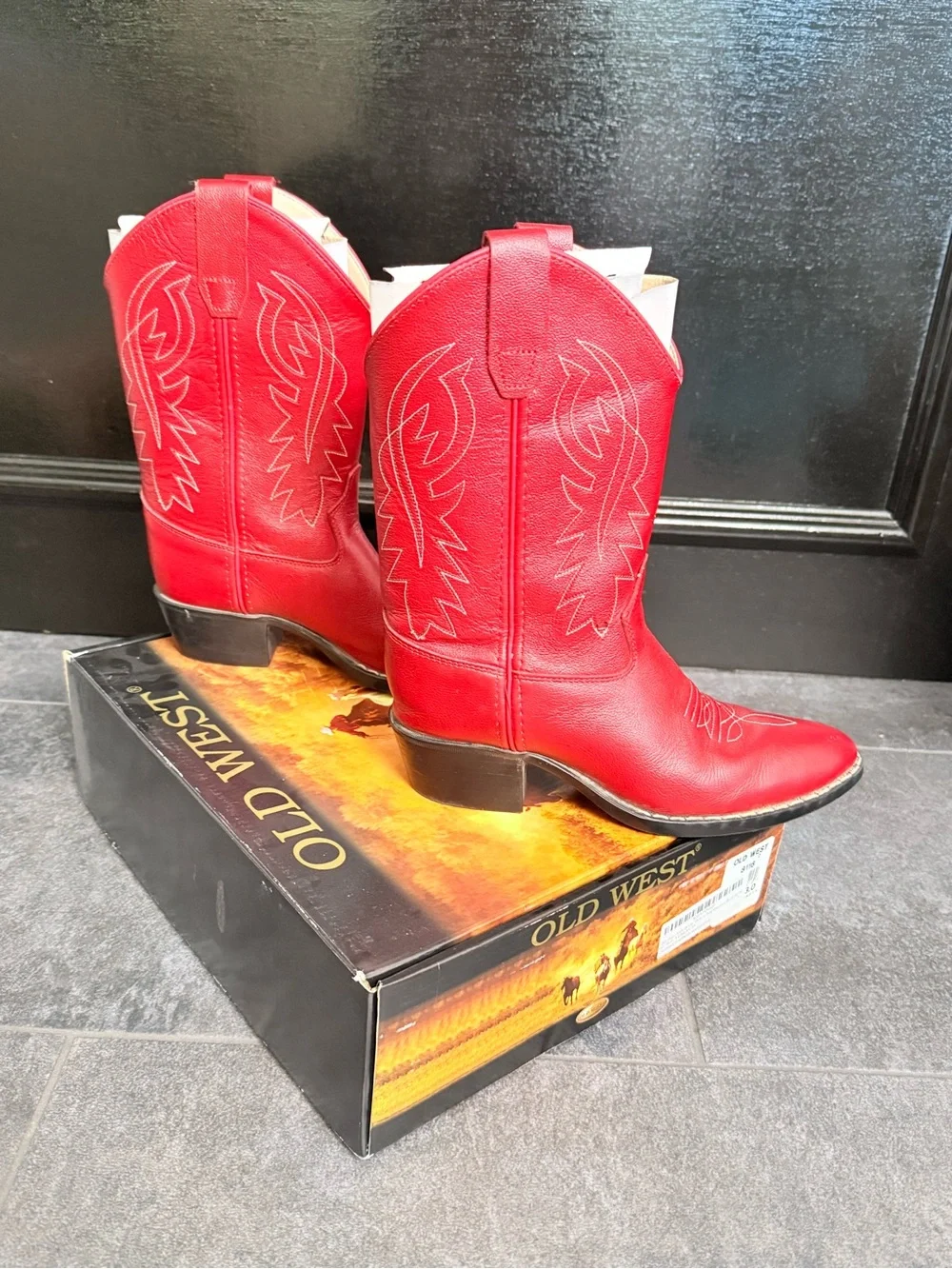 Old West Kids Red Leather Western Cowboy Boots Girls Size 3 EUC w/ Box